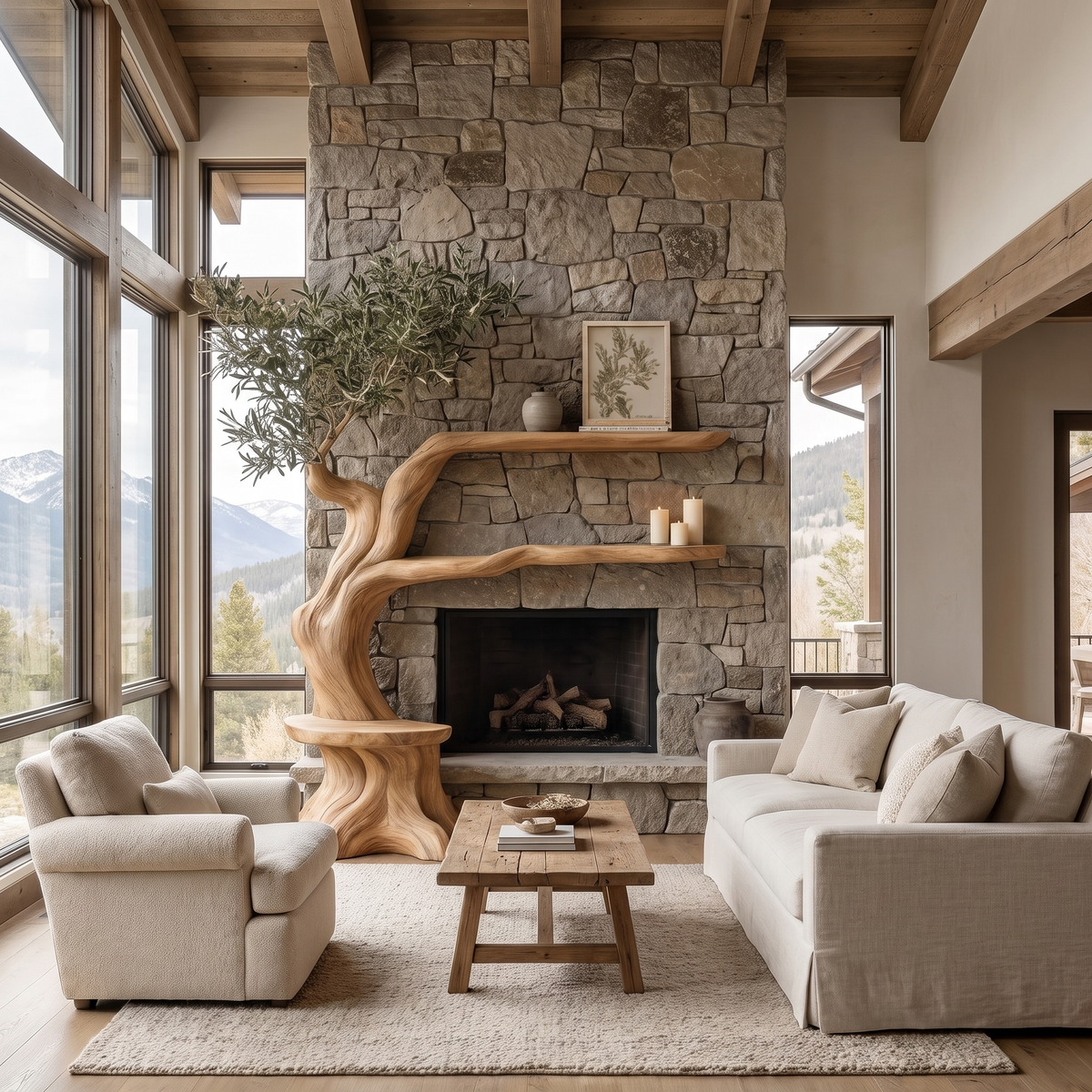 Elaris Sculpted Solid Wood Tree-Shaped Fireplace Mantel with Display Shelves Natural Oak - Timberustic Tree-Shaped Fireplace Mantel with Display Shelves