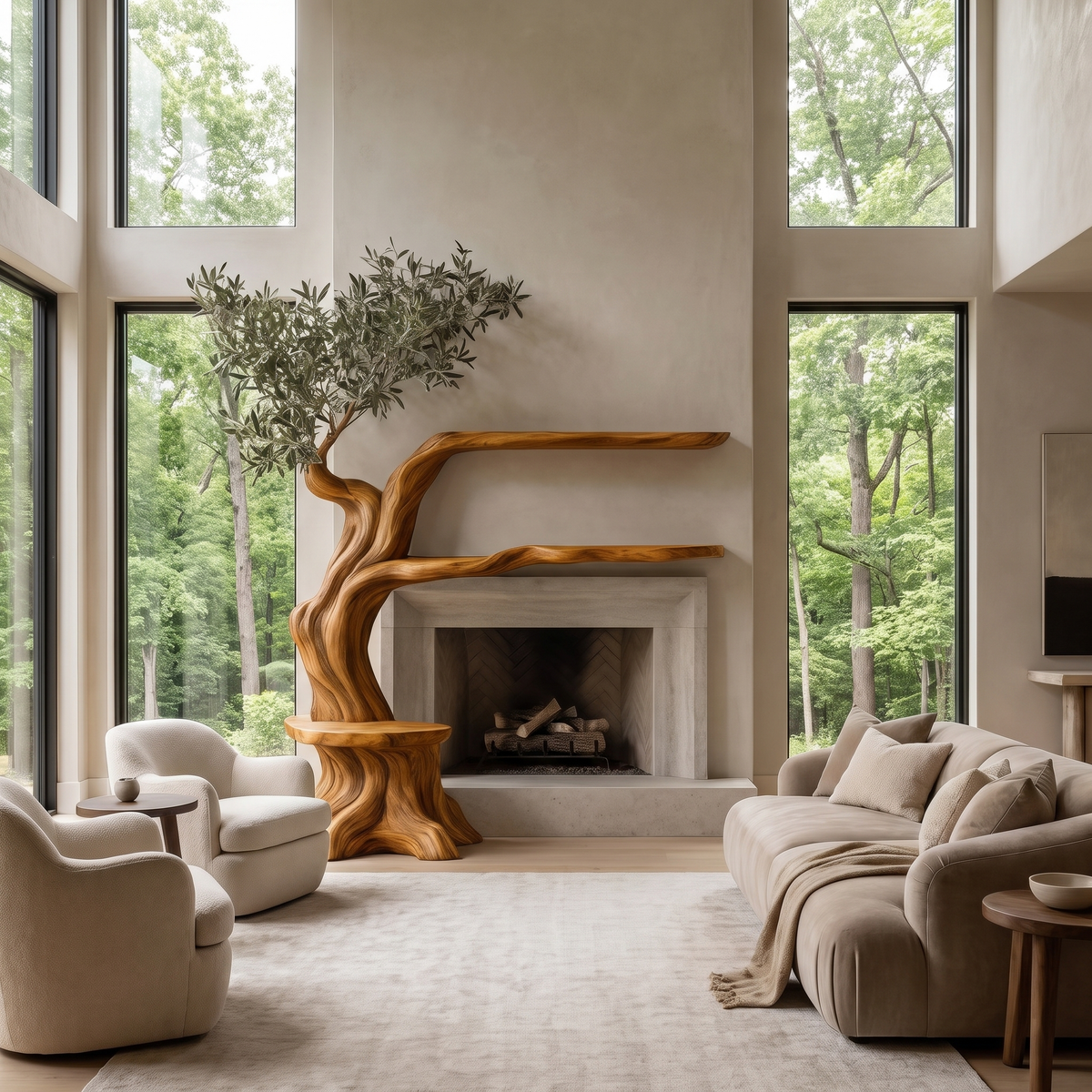 Elaris Sculpted Solid Wood Tree-Shaped Fireplace Mantel with Display Shelves Teak - Timberustic Tree-Shaped Fireplace Mantel with Display Shelves