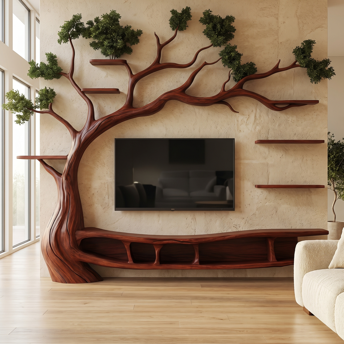 Eldergrove Handcrafted Solid Wood Tree TV Console Mahogany - Timberustic TV Console with Tree Shelf