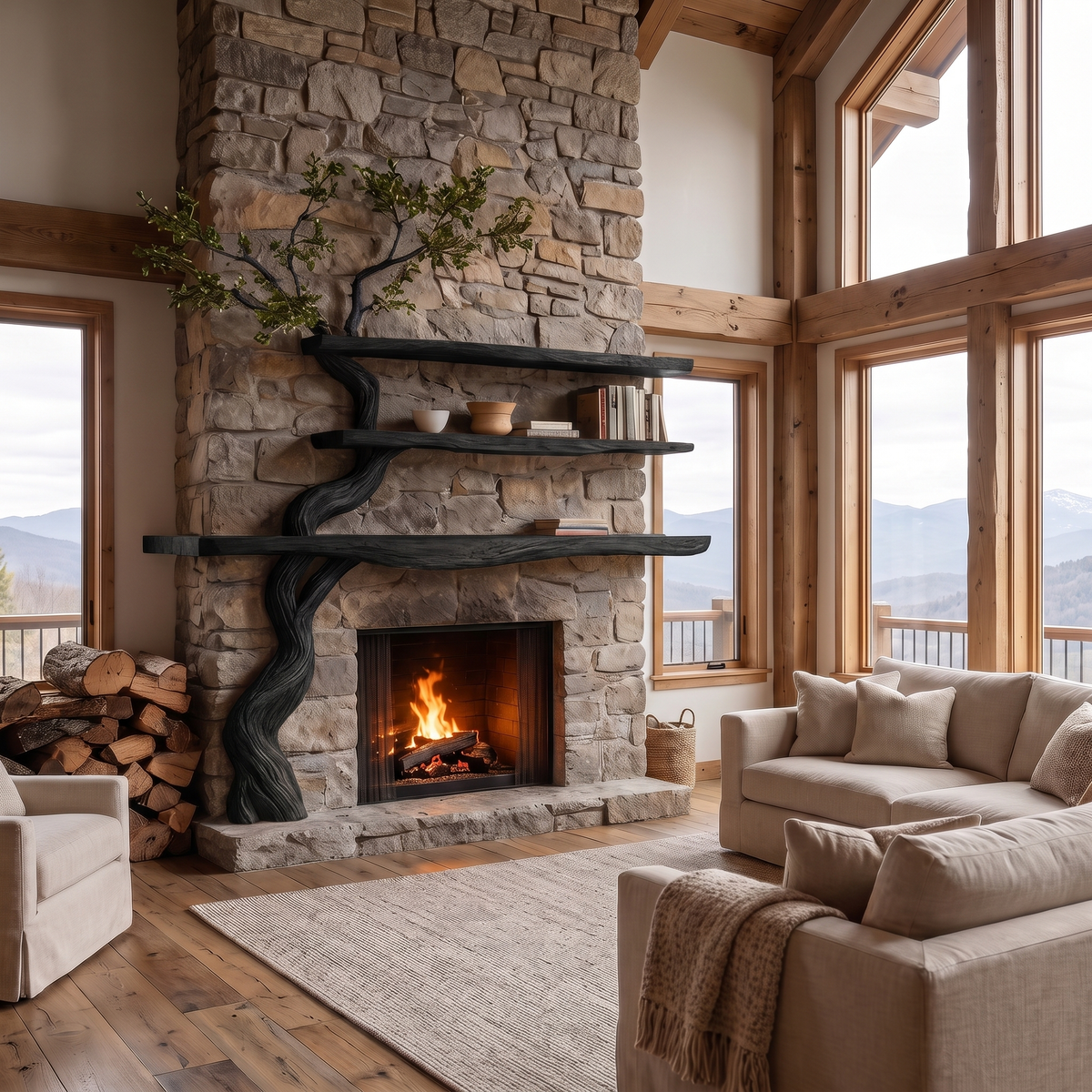 Eldergrove Sculpted Solid Wood Tree-Shaped Fireplace Mantel with Display Shelves Black - Timberustic Tree-Shaped Fireplace Mantel with Display Shelves