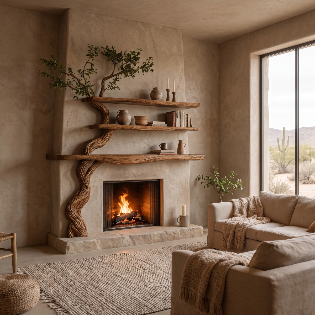 Eldergrove Sculpted Solid Wood Tree-Shaped Fireplace Mantel with Display Shelves Brown - Timberustic Tree-Shaped Fireplace Mantel with Display Shelves