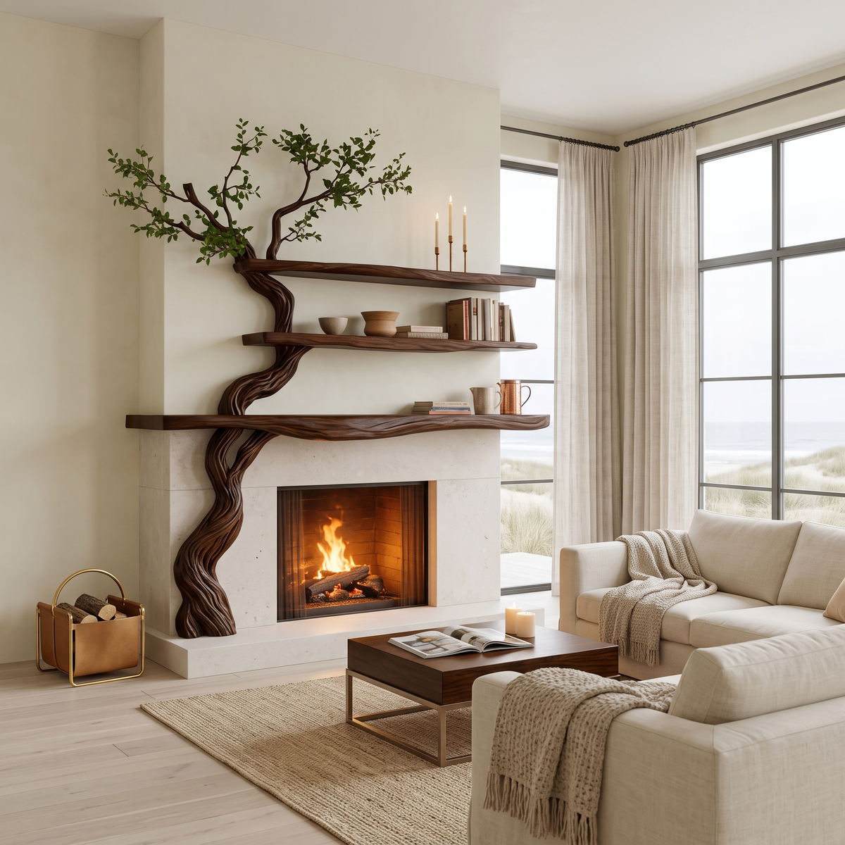 Eldergrove Sculpted Solid Wood Tree-Shaped Fireplace Mantel with Display Shelves Dark Walnut - Timberustic Tree-Shaped Fireplace Mantel with Display Shelves