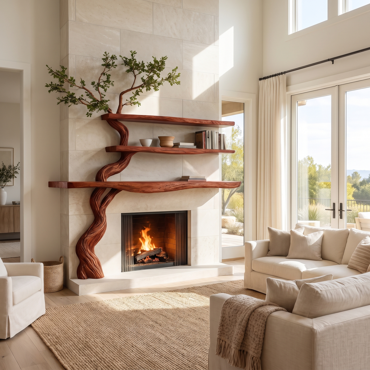 Eldergrove Sculpted Solid Wood Tree-Shaped Fireplace Mantel with Display Shelves Mahogany - Timberustic Tree-Shaped Fireplace Mantel with Display Shelves