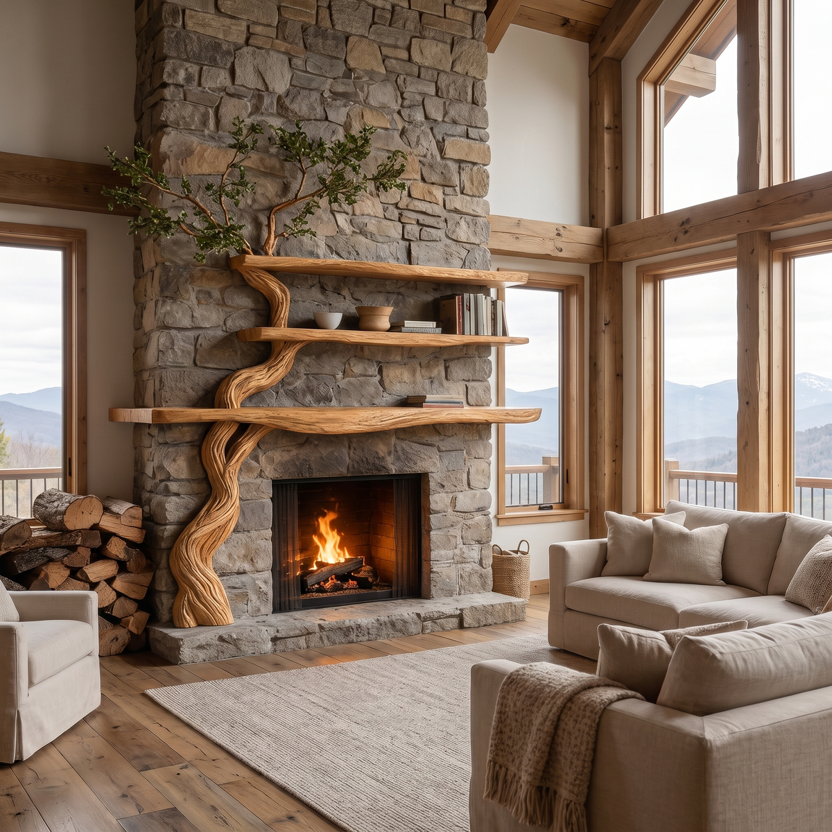 Eldergrove Sculpted Solid Wood Tree-Shaped Fireplace Mantel with Display Shelves Natural Oak - Timberustic Tree-Shaped Fireplace Mantel with Display Shelves