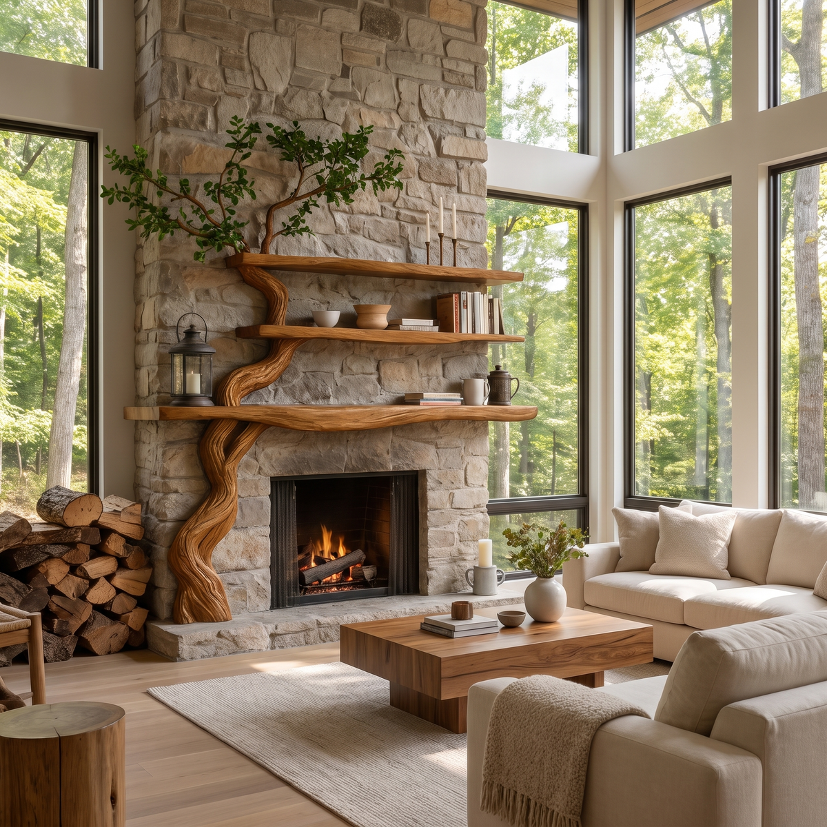Eldergrove Sculpted Solid Wood Tree-Shaped Fireplace Mantel with Display Shelves Teak - Timberustic Tree-Shaped Fireplace Mantel with Display Shelves