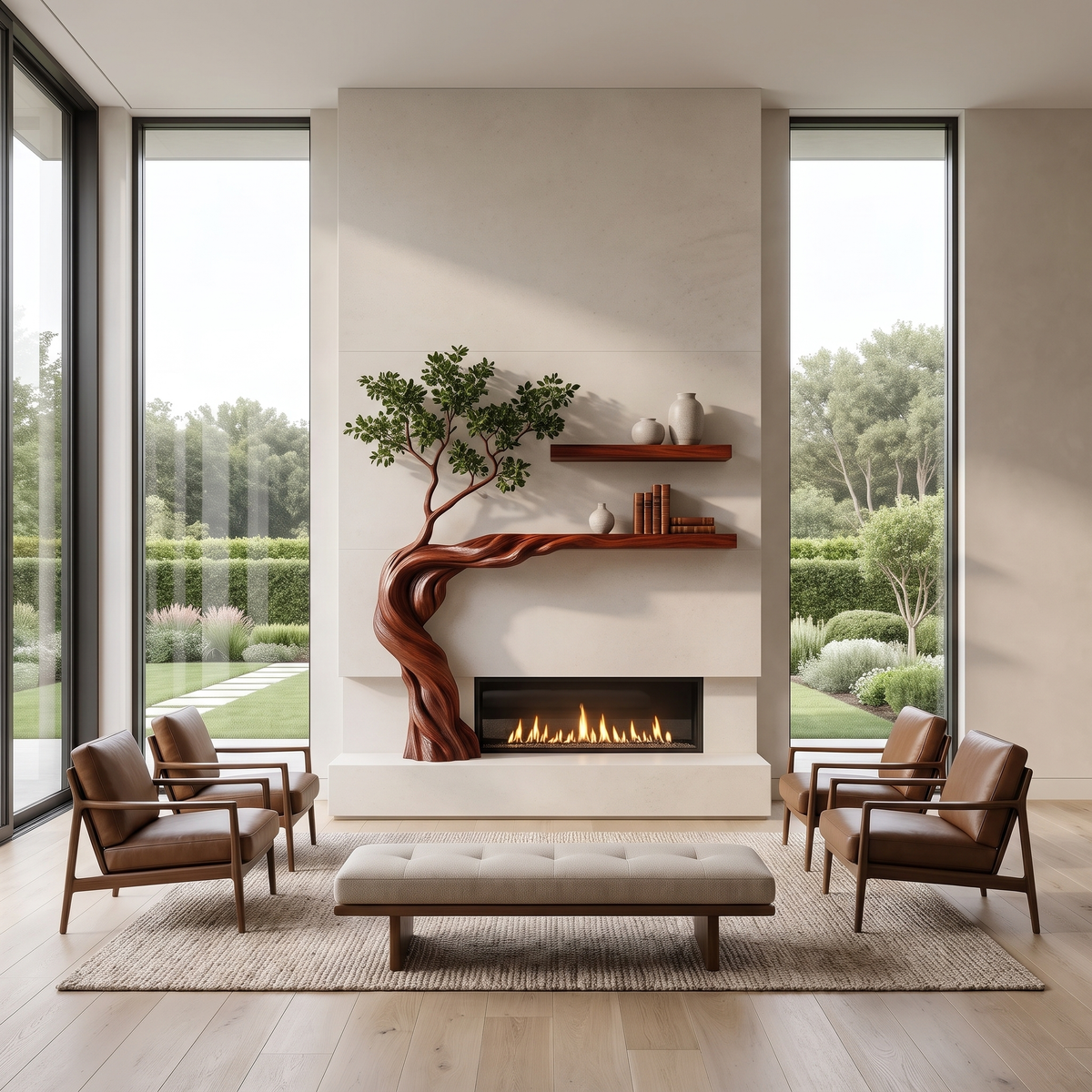 Eldervine Sculpted Solid Wood Tree-Shaped Fireplace Mantel with Display Shelves Mahogany - Timberustic Tree-Shaped Fireplace Mantel with Display Shelves