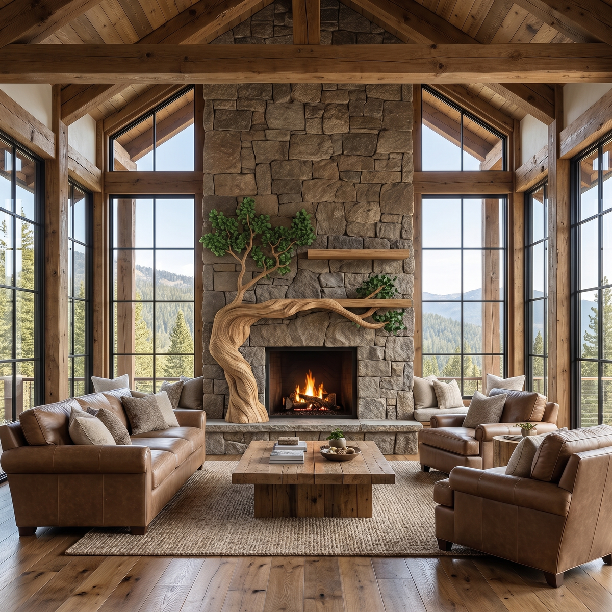 Eldervine Sculpted Solid Wood Tree-Shaped Fireplace Mantel with Display Shelves Natural Oak - Timberustic Tree-Shaped Fireplace Mantel with Display Shelves