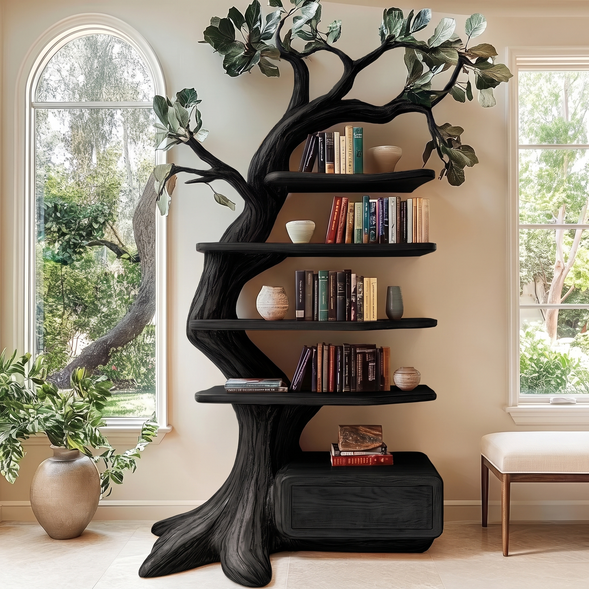 Eldrasyl Handcrafted Sculpted Solid Wood Tree Bookshelf with Drawers SPA235732 Black - Timberustic Tree Bookshelf with Drawers