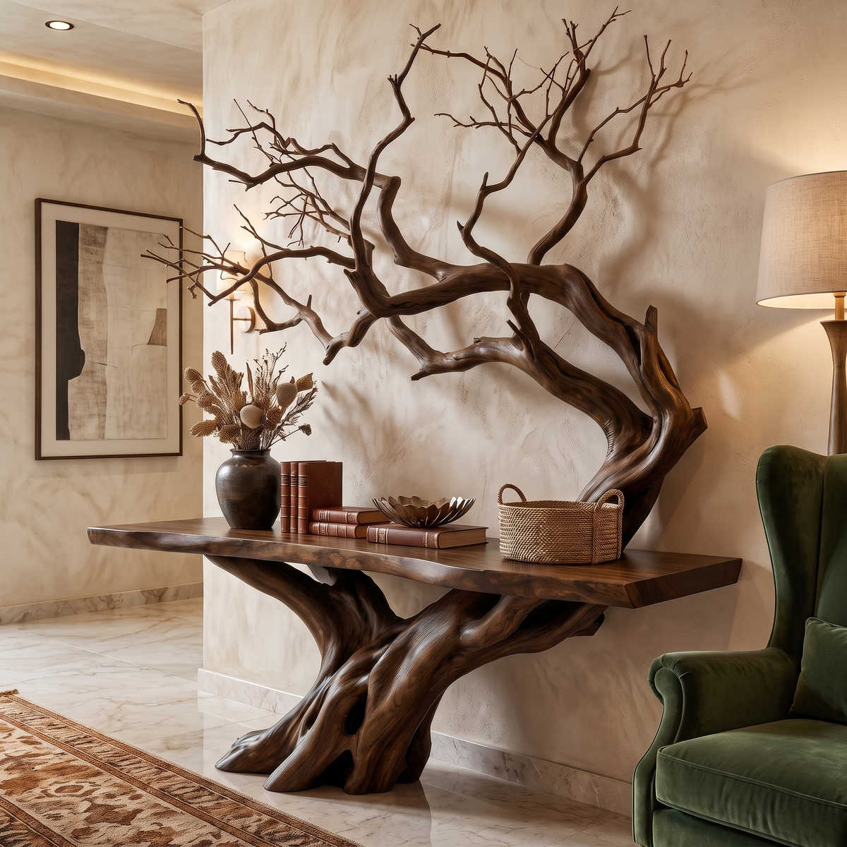 Eldravane Sculpted Solid Wood Console Table Dark Walnut - Timberustic Console Table with Shelves