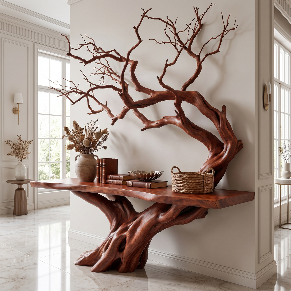 Eldravane Sculpted Solid Wood Console Table Mahogany - Timberustic Console Table with Shelves