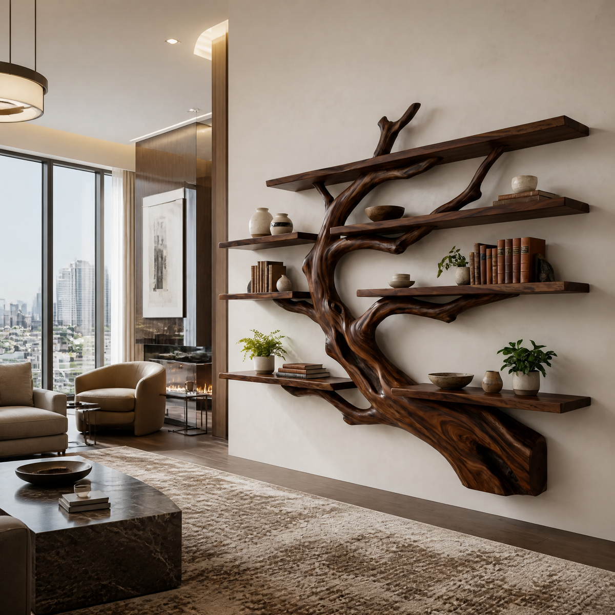Ironbark Handcrafted Solid Wood Floating Tree Bookshelf Dark Walnut - Timberustic Floating Tree Bookshelf