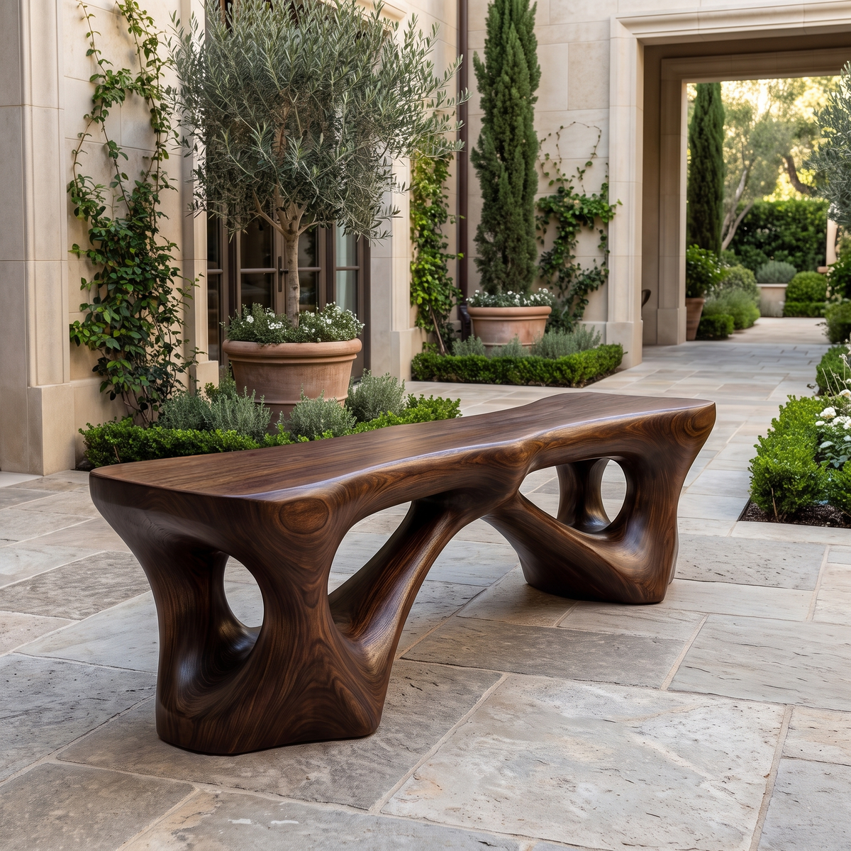 Kaelthorn Sculpted Solid Wood Outdoor Bench Dark Walnut - Timberustic Bench