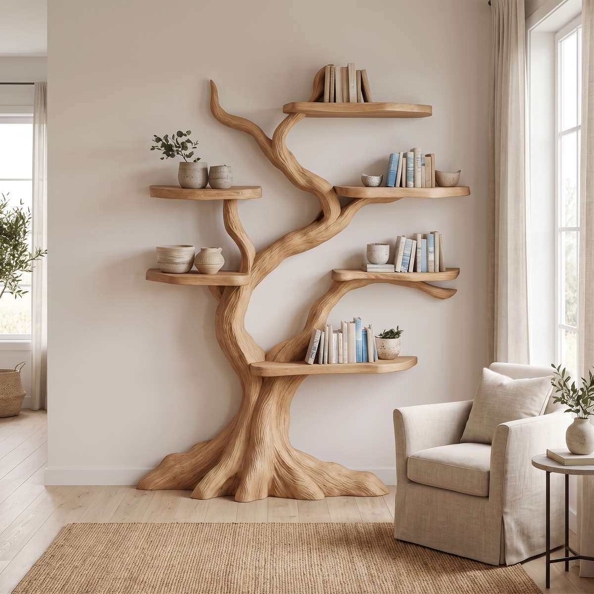 Nightbriar Handcrafted Solid Wood Tree Bookshelf Natural Oak - Timberustic Tree Bookshelf