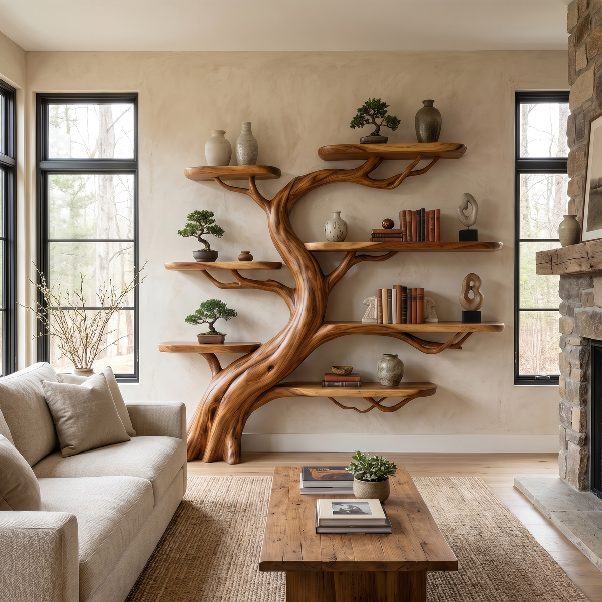 Oakspire Handcrafted Solid Wood Tree Bookshelf Teak - Timberustic Tree Bookshelf
