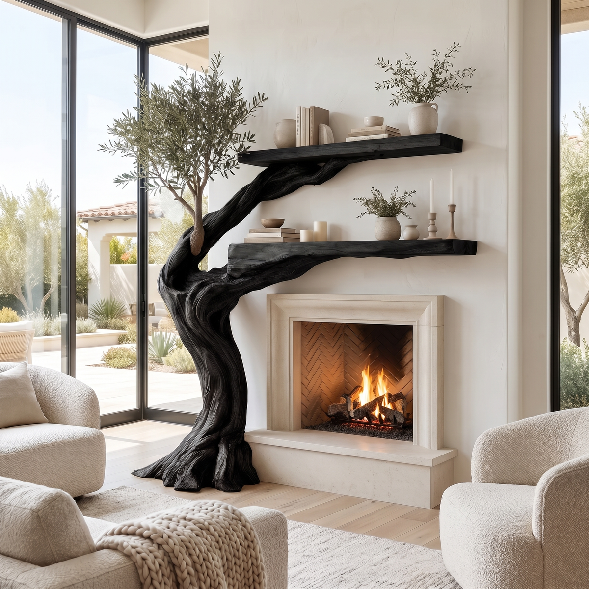 Olivara Sculpted Solid Wood Tree-Shaped Fireplace Mantel with Display Shelves Black - Timberustic Tree-Shaped Fireplace Mantel with Display Shelves