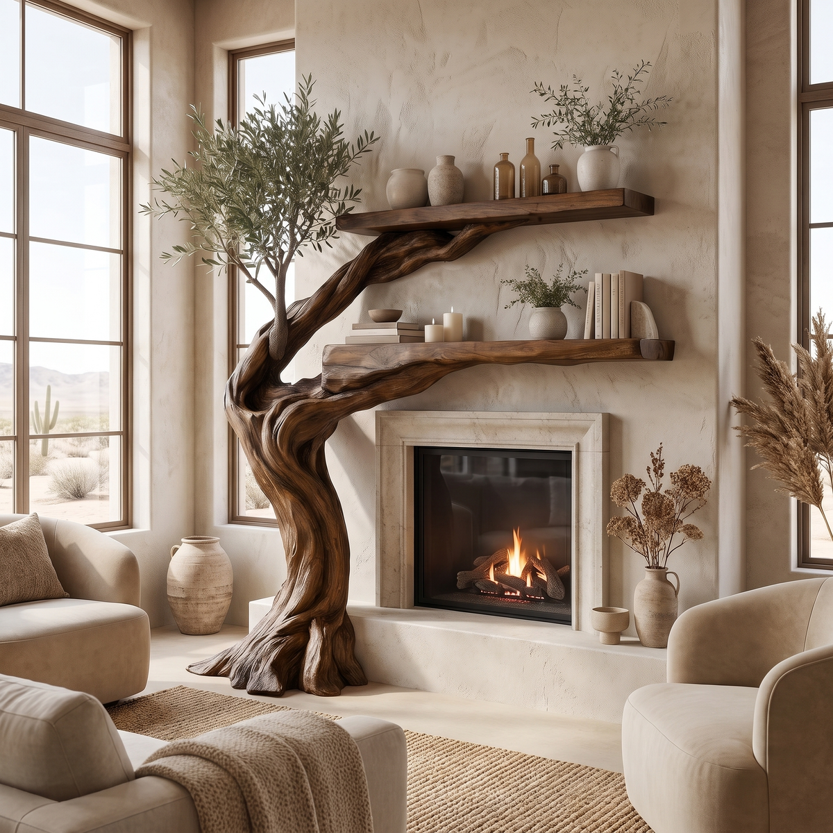 Olivara Sculpted Solid Wood Tree-Shaped Fireplace Mantel with Display Shelves Brown - Timberustic Tree-Shaped Fireplace Mantel with Display Shelves