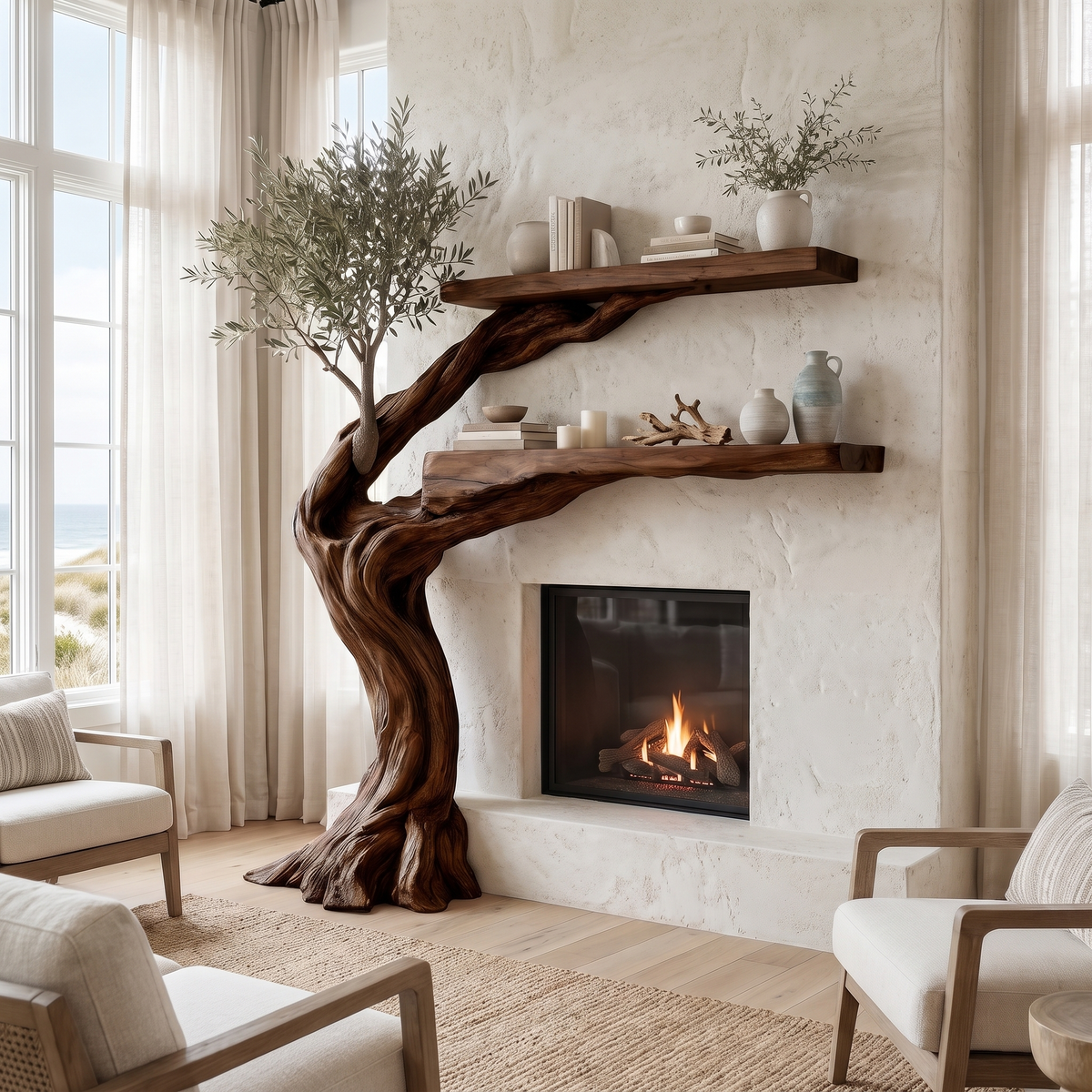 Olivara Sculpted Solid Wood Tree-Shaped Fireplace Mantel with Display Shelves Dark Walnut - Timberustic Tree-Shaped Fireplace Mantel with Display Shelves