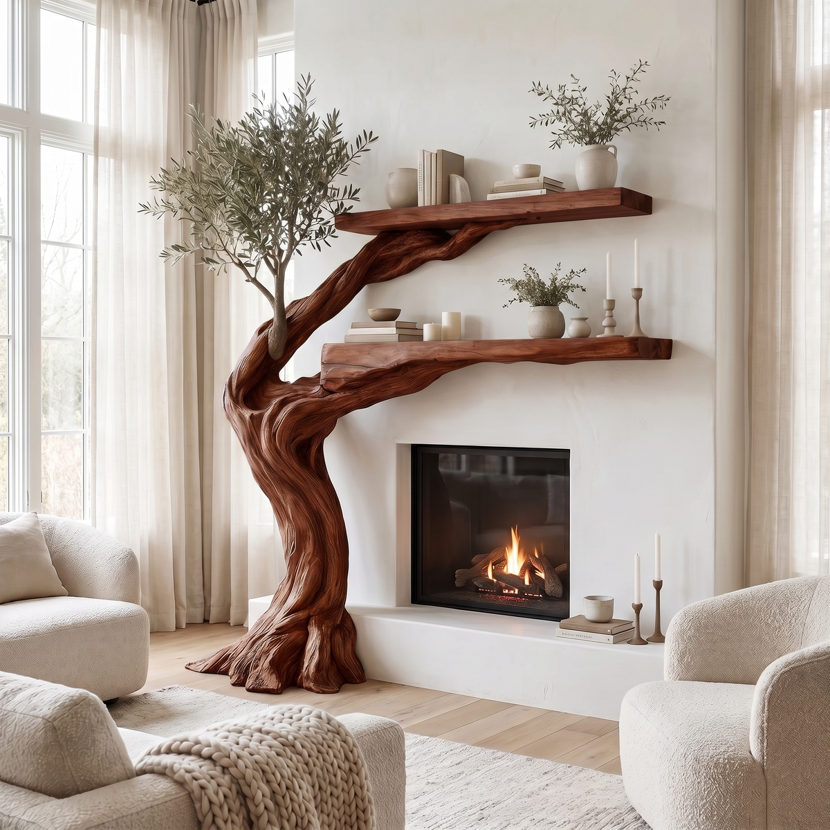 Olivara Sculpted Solid Wood Tree-Shaped Fireplace Mantel with Display Shelves Mahogany - Timberustic Tree-Shaped Fireplace Mantel with Display Shelves