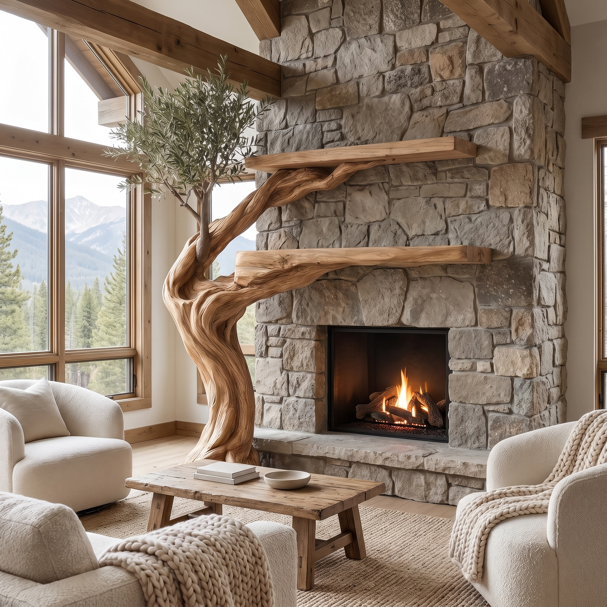 Olivara Sculpted Solid Wood Tree-Shaped Fireplace Mantel with Display Shelves Natural Oak - Timberustic Tree-Shaped Fireplace Mantel with Display Shelves