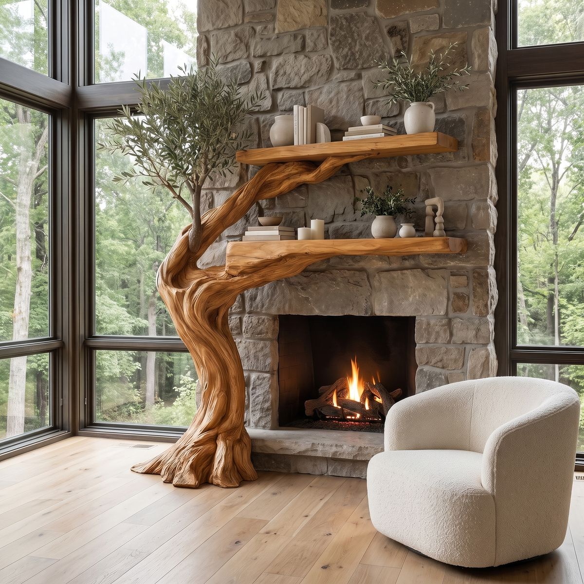 Olivara Sculpted Solid Wood Tree-Shaped Fireplace Mantel with Display Shelves Teak - Timberustic Tree-Shaped Fireplace Mantel with Display Shelves