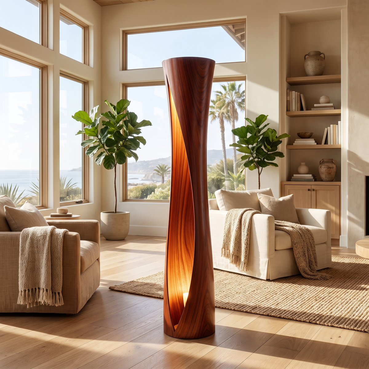 Seravyn Sculpted Curved Integrated LED Wood Floor Lamp Mahogany - Timberustic Floor Lamp