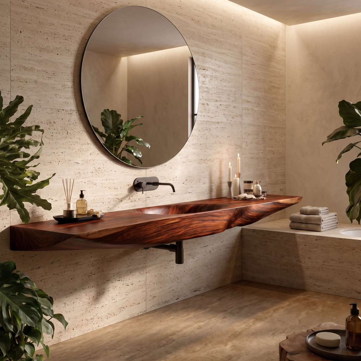 Sylavyn Sculpted Slab Handcrafted Floating Bathroom Vanity with Integrated Sink Mahogany - Timberustic Floating Bathroom Vanity with Integrated Sink