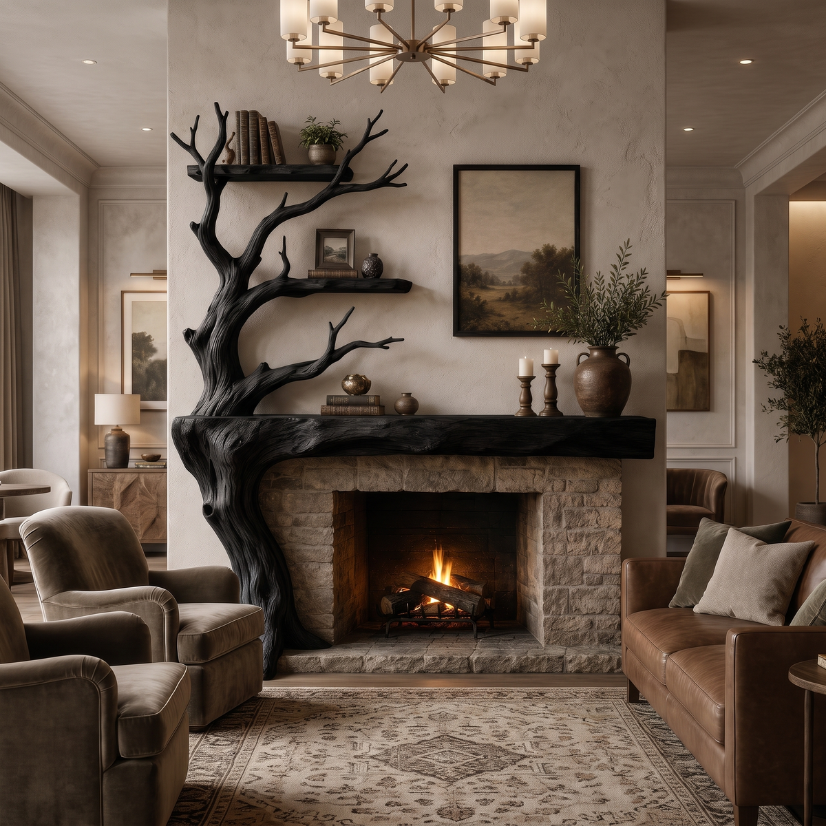 Sylvara Sculpted Solid Wood Tree-Shaped Fireplace Mantel with Display Shelves Black - Timberustic Tree-Shaped Fireplace Mantel with Display Shelves