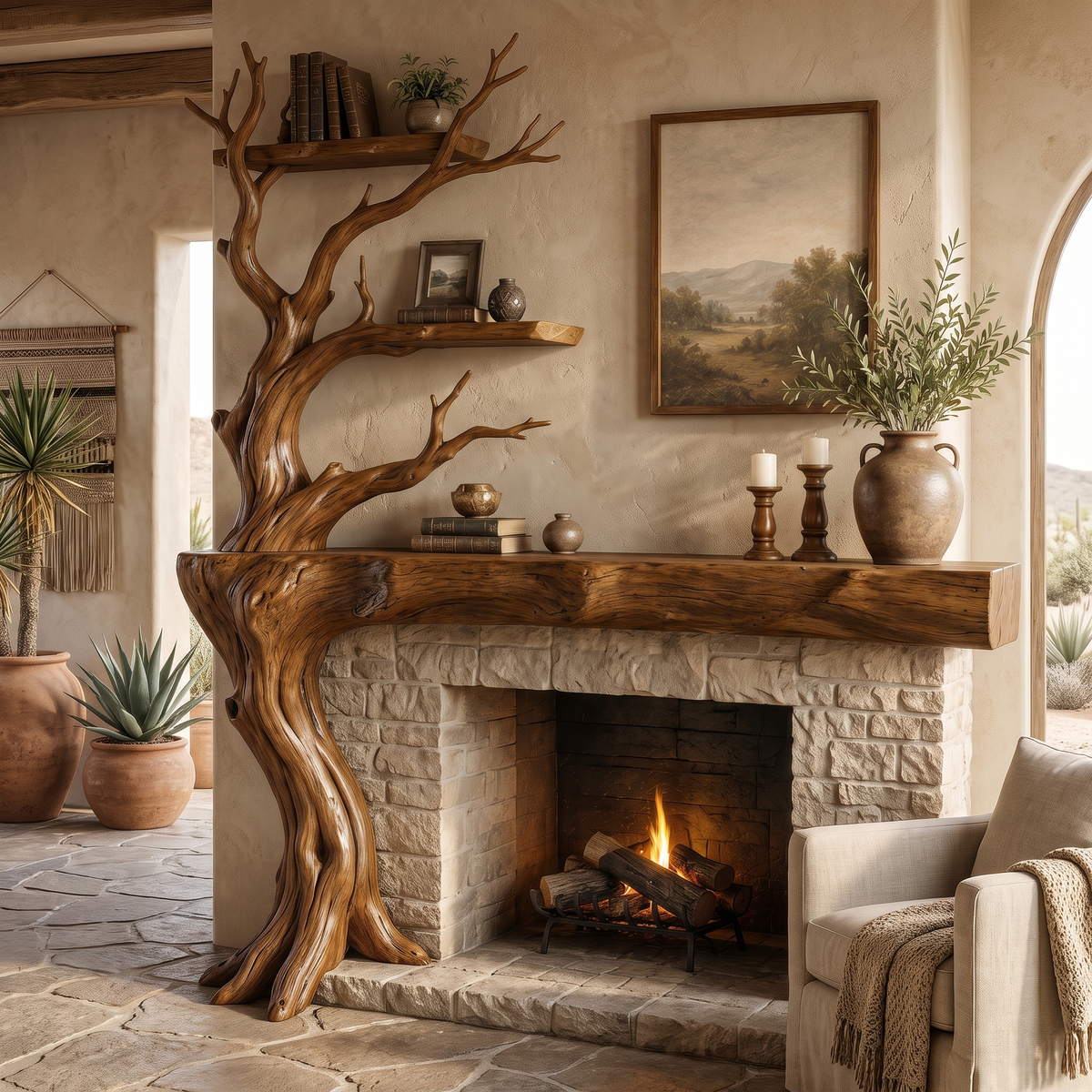 Sylvara Sculpted Solid Wood Tree-Shaped Fireplace Mantel with Display Shelves Brown - Timberustic Tree-Shaped Fireplace Mantel with Display Shelves
