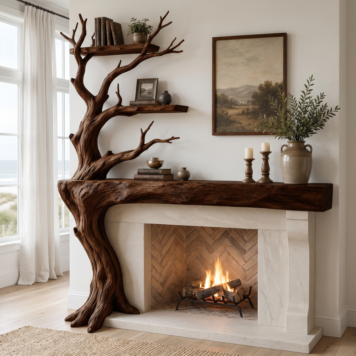 Sylvara Sculpted Solid Wood Tree-Shaped Fireplace Mantel with Display Shelves Dark Walnut - Timberustic Tree-Shaped Fireplace Mantel with Display Shelves