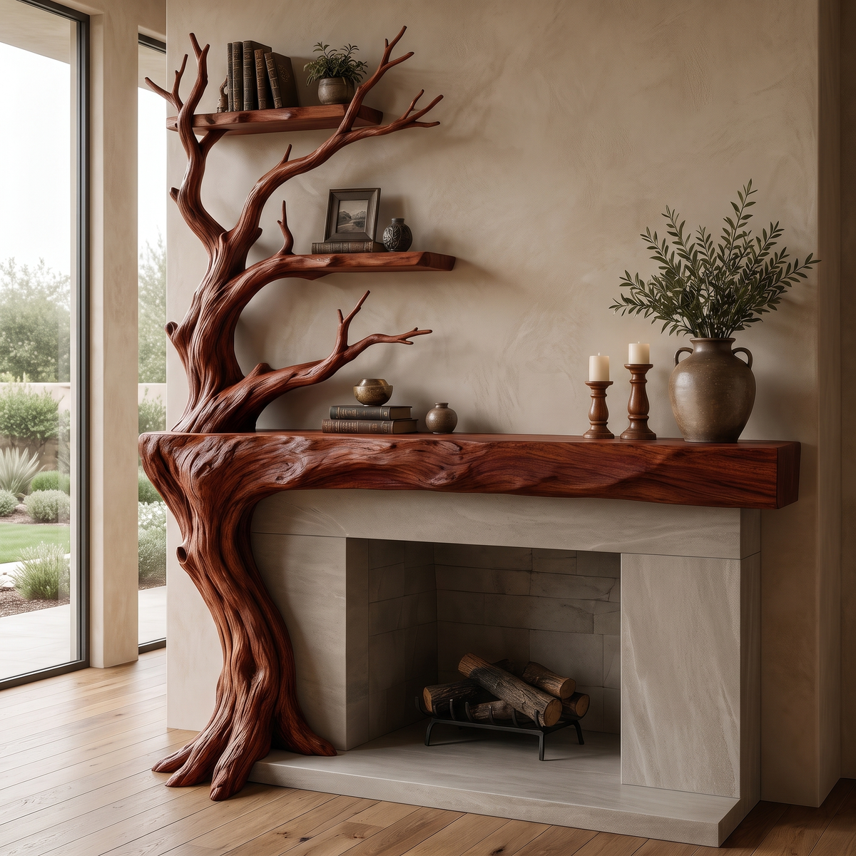 Sylvara Sculpted Solid Wood Tree-Shaped Fireplace Mantel with Display Shelves Mahogany - Timberustic Tree-Shaped Fireplace Mantel with Display Shelves
