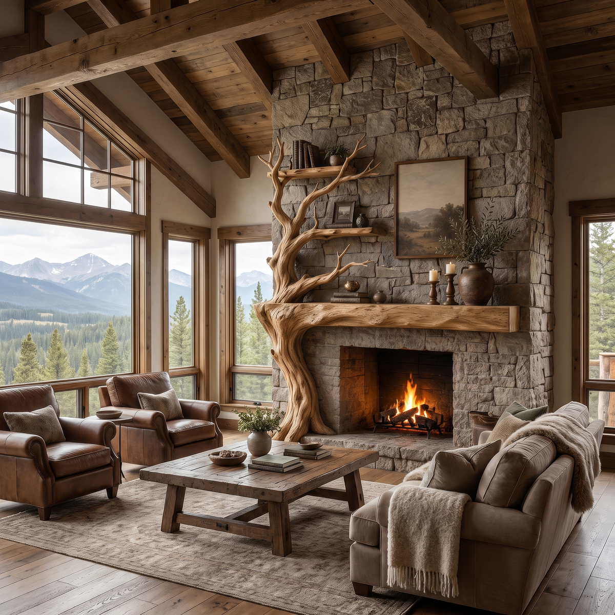 Sylvara Sculpted Solid Wood Tree-Shaped Fireplace Mantel with Display Shelves Natural Oak - Timberustic Tree-Shaped Fireplace Mantel with Display Shelves