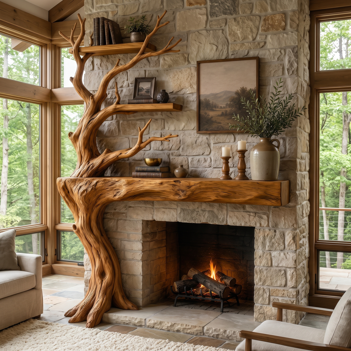 Sylvara Sculpted Solid Wood Tree-Shaped Fireplace Mantel with Display Shelves Teak - Timberustic Tree-Shaped Fireplace Mantel with Display Shelves