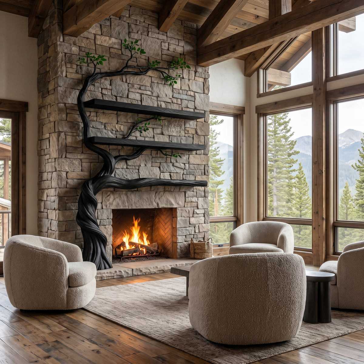 Sylvaris Sculpted Solid Wood Tree-Shaped Fireplace Mantel with Display Shelves Black - Timberustic Tree-Shaped Fireplace Mantel with Display Shelves