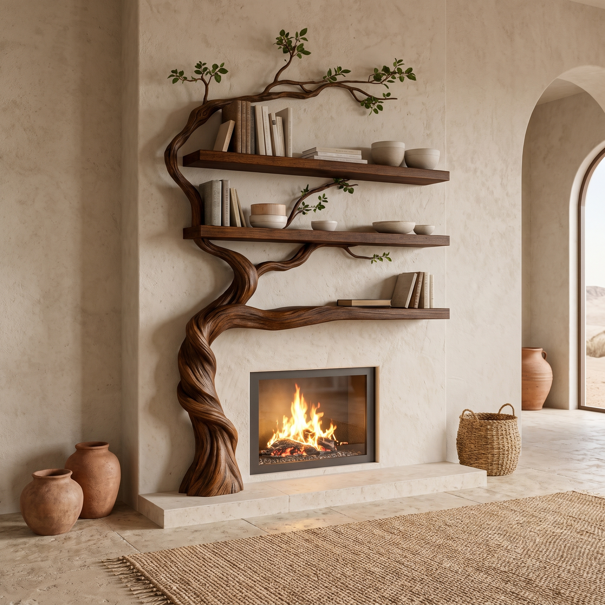 Sylvaris Sculpted Solid Wood Tree-Shaped Fireplace Mantel with Display Shelves Dark Walnut - Timberustic Tree-Shaped Fireplace Mantel with Display Shelves