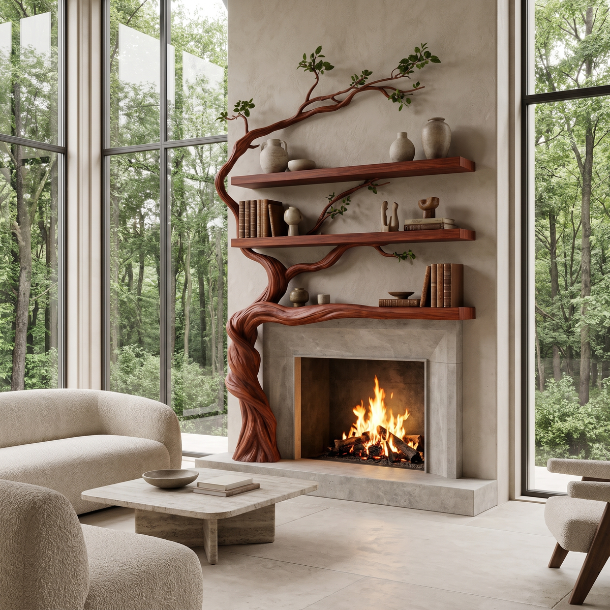 Sylvaris Sculpted Solid Wood Tree-Shaped Fireplace Mantel with Display Shelves Mahogany - Timberustic Tree-Shaped Fireplace Mantel with Display Shelves