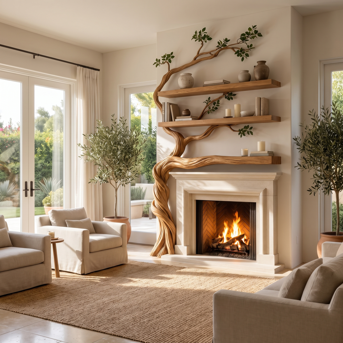 Sylvaris Sculpted Solid Wood Tree-Shaped Fireplace Mantel with Display Shelves Natural Oak - Timberustic Tree-Shaped Fireplace Mantel with Display Shelves