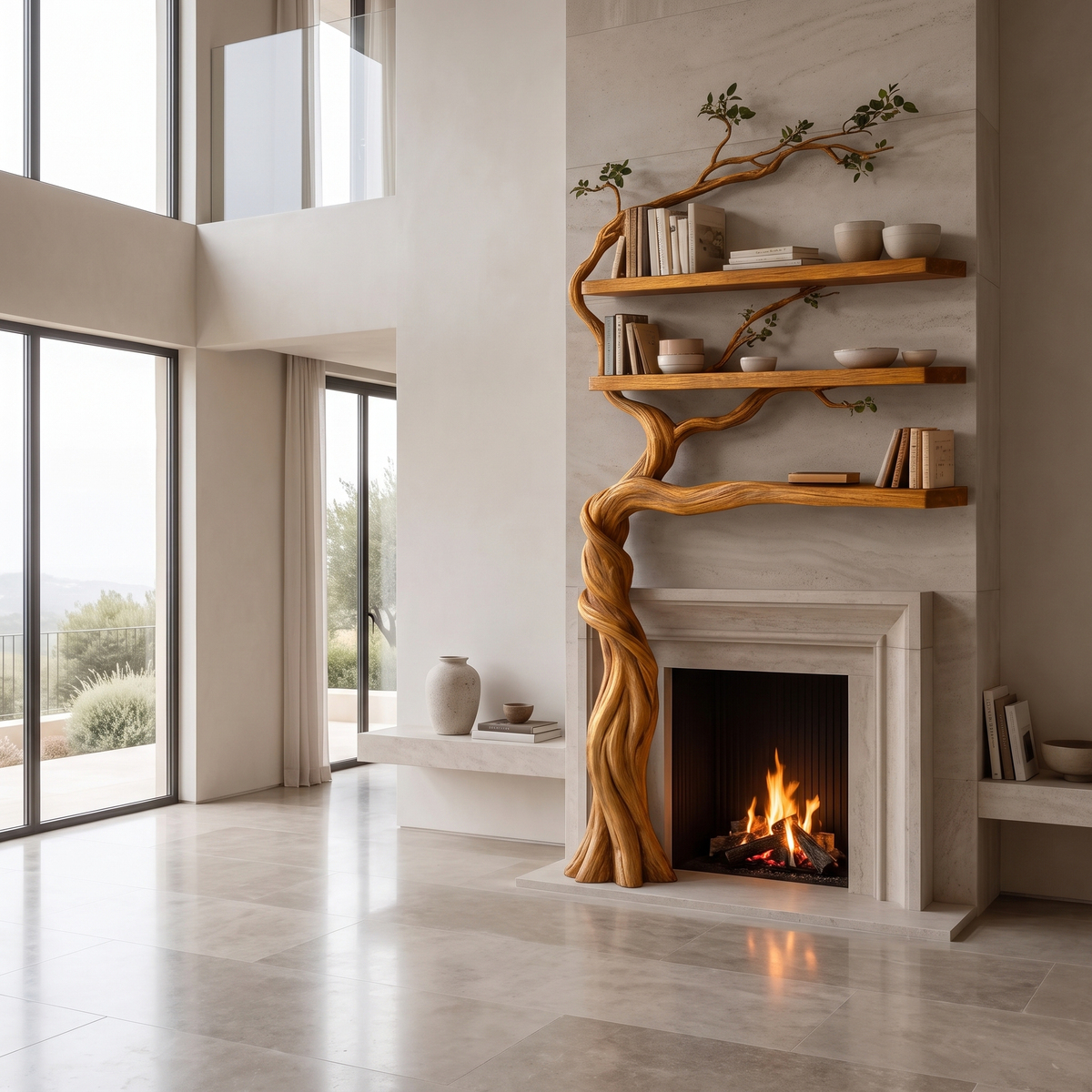 Sylvaris Sculpted Solid Wood Tree-Shaped Fireplace Mantel with Display Shelves Teak - Timberustic Tree-Shaped Fireplace Mantel with Display Shelves