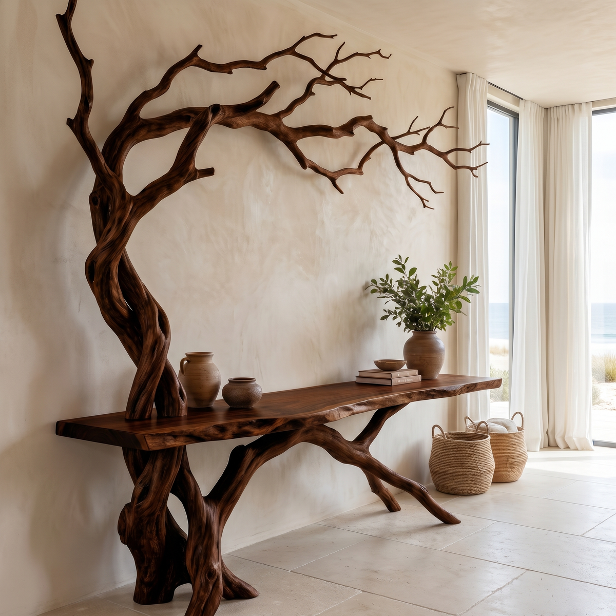 Sylvaroak Sculpted Solid Wood Console Table Dark Walnut - Timberustic Console Table with Shelves