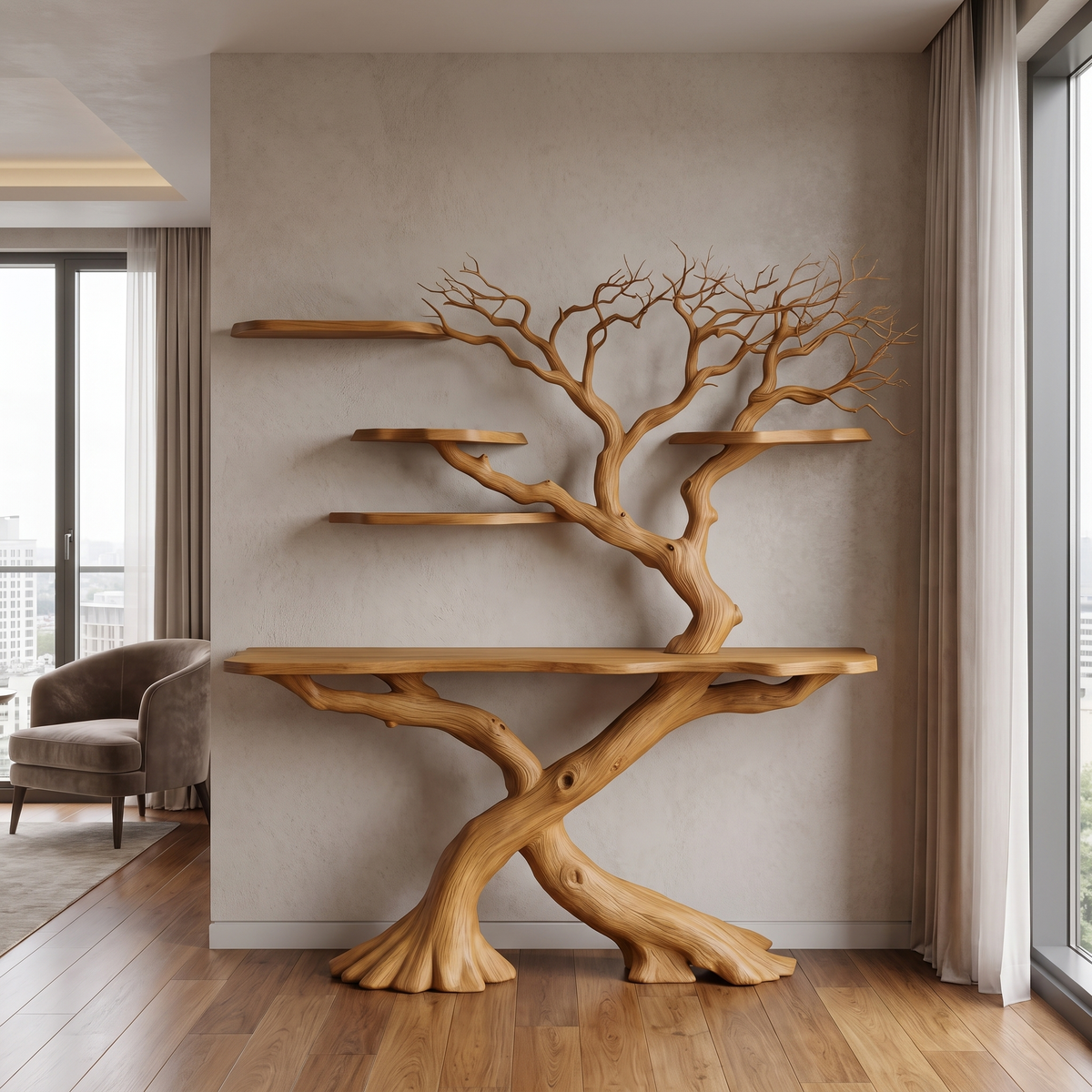 Thaloren Sculpted Solid Wood Console Table with Shelves Teak - Timberustic Console Table with Shelves