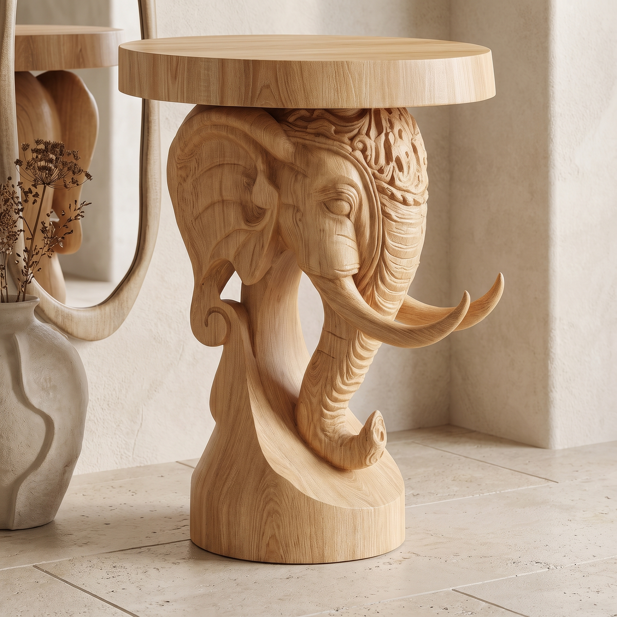 Thalviro Sculpted Solid Wood Pedestal Stand Natural Oak - Timberustic Pedestal Stand
