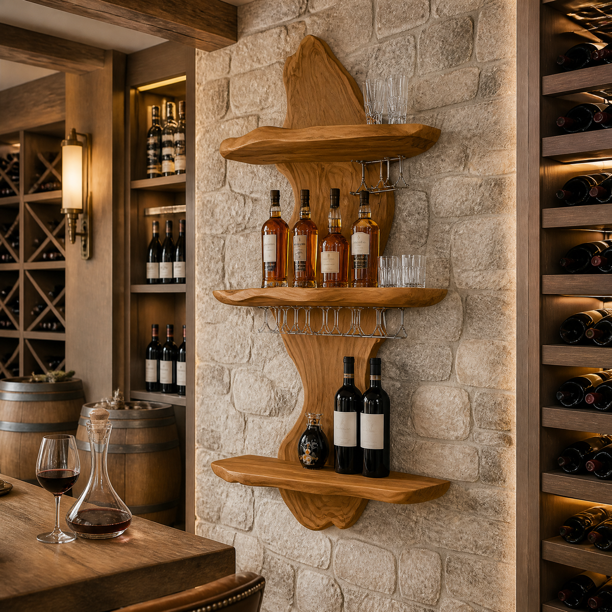 Thalvorn Live Edge Solid Wood Floating Wine Shelf SPA298587 Teak - Timberustic Floating Wine Shelf