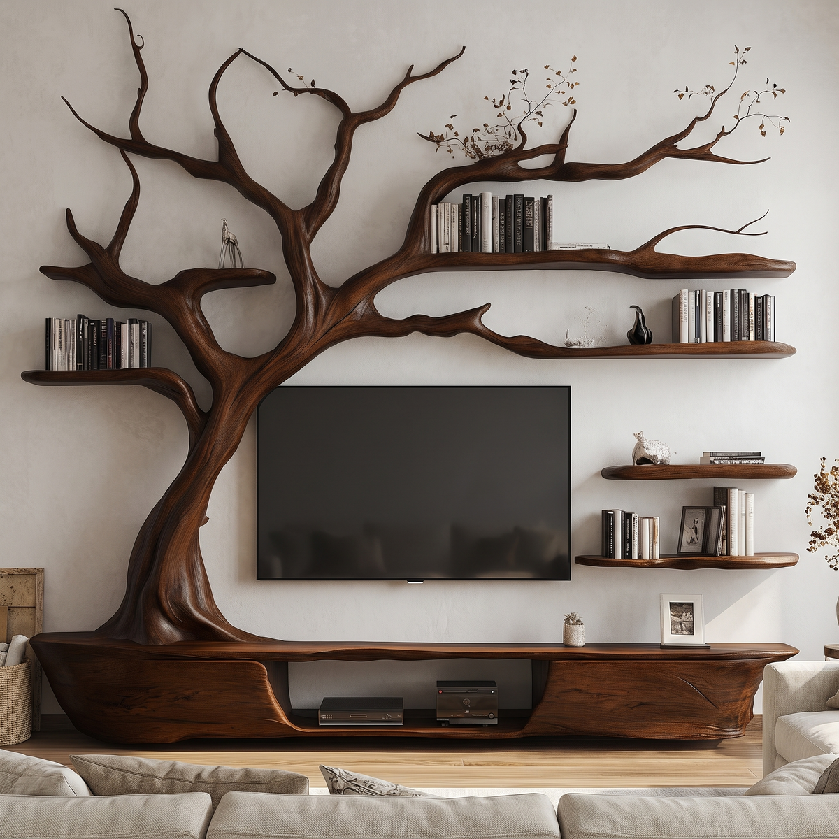 Thornhaven Handcrafted Solid Wood Tree TV Console Dark Walnut - Timberustic TV Console with Tree Shelf