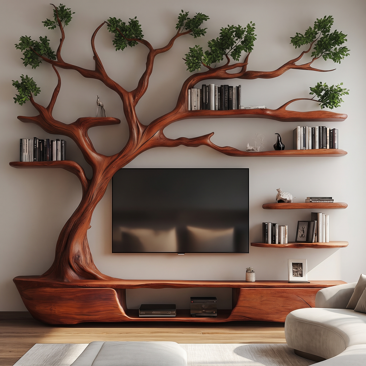 Thornhaven Handcrafted Solid Wood Tree TV Console Mahogany - Timberustic TV Console with Tree Shelf