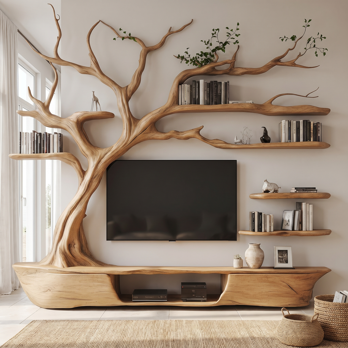 Thornhaven Handcrafted Solid Wood Tree TV Console Natural Oak - Timberustic TV Console with Tree Shelf