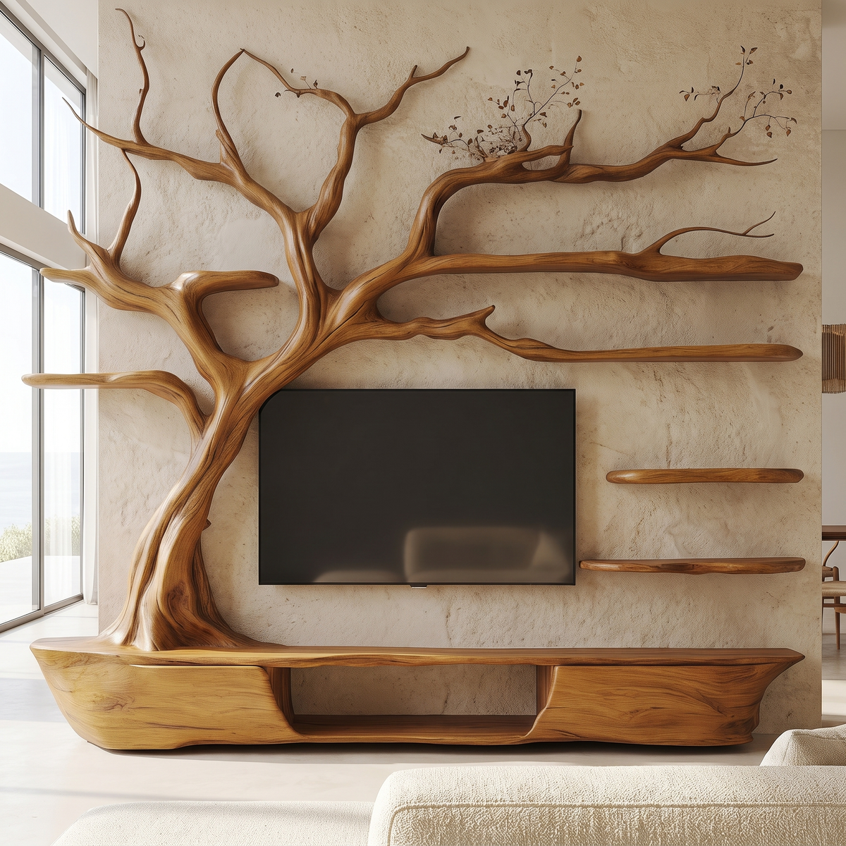 Thornhaven Handcrafted Solid Wood Tree TV Console Teak - Timberustic TV Console with Tree Shelf