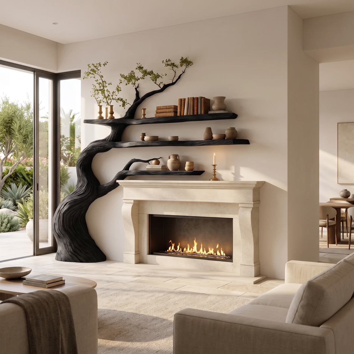 Thornmere Sculpted Solid Wood Tree-Shaped Fireplace Mantel with Display Shelves Black - Timberustic Tree-Shaped Fireplace Mantel with Display Shelves
