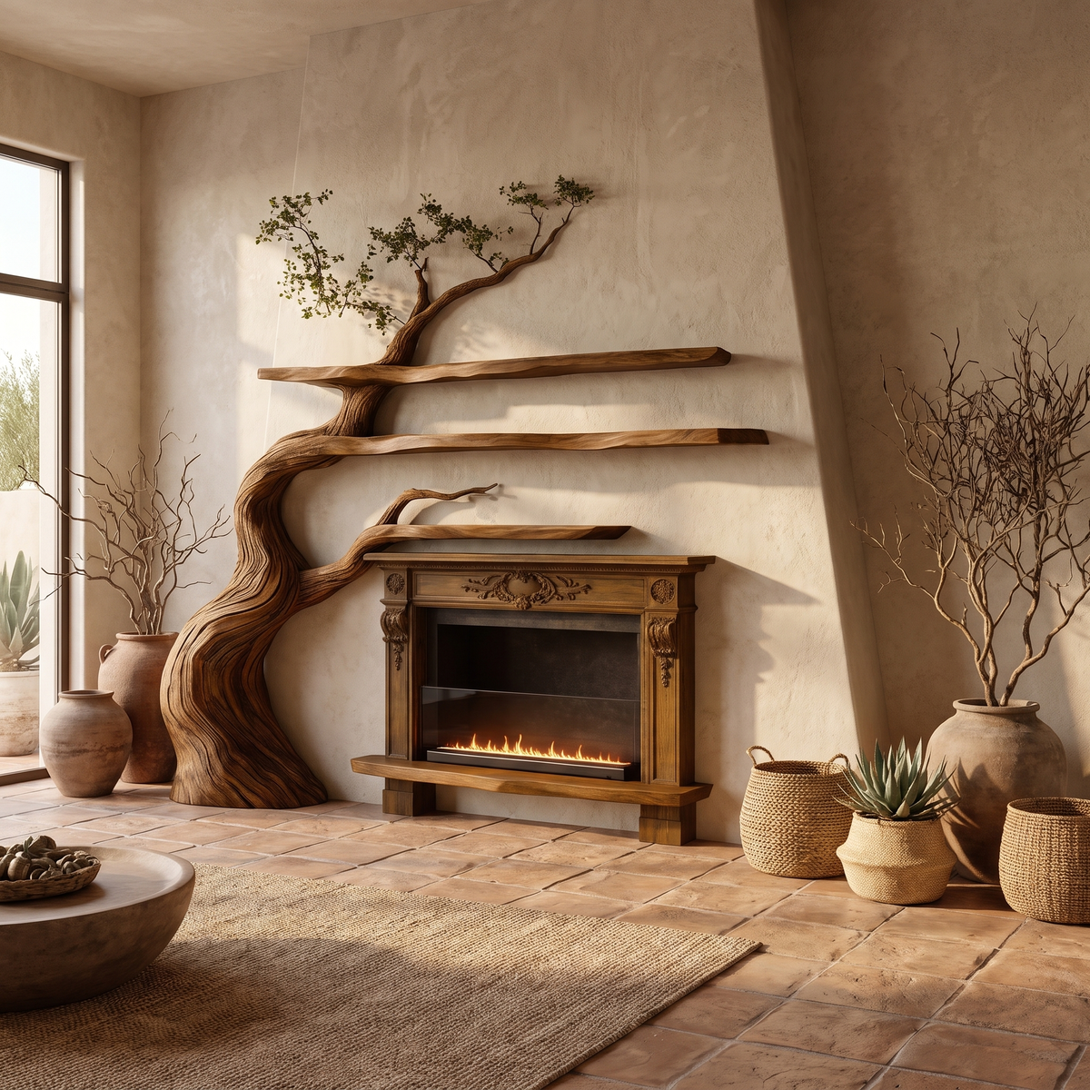 Thornmere Sculpted Solid Wood Tree-Shaped Fireplace Mantel with Display Shelves Brown - Timberustic Tree-Shaped Fireplace Mantel with Display Shelves