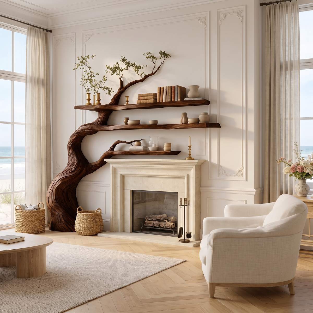 Thornmere Sculpted Solid Wood Tree-Shaped Fireplace Mantel with Display Shelves Dark Walnut - Timberustic Tree-Shaped Fireplace Mantel with Display Shelves