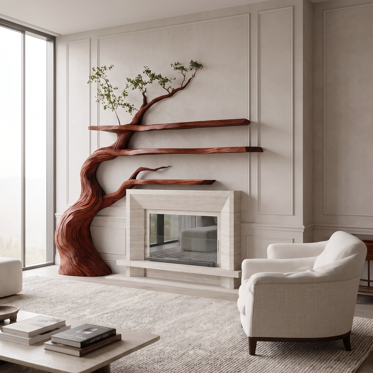 Thornmere Sculpted Solid Wood Tree-Shaped Fireplace Mantel with Display Shelves Mahogany - Timberustic Tree-Shaped Fireplace Mantel with Display Shelves