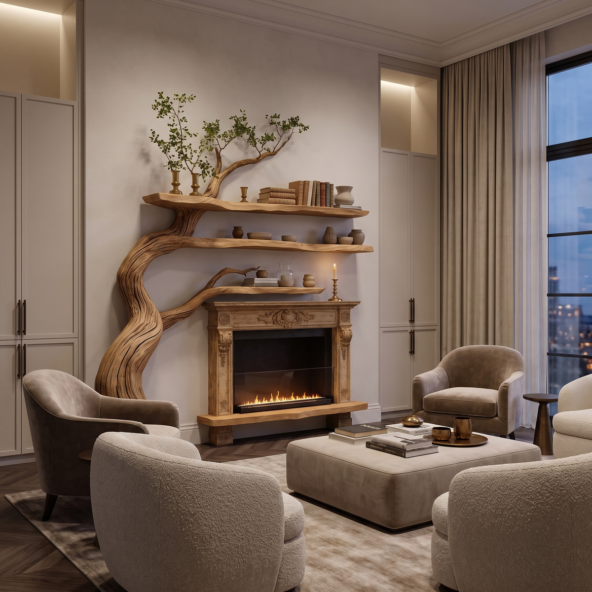 Thornmere Sculpted Solid Wood Tree-Shaped Fireplace Mantel with Display Shelves Natural Oak - Timberustic Tree-Shaped Fireplace Mantel with Display Shelves